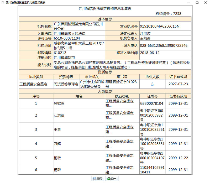 保順-四川高級人民法院司法鑒定入冊機構信息截圖